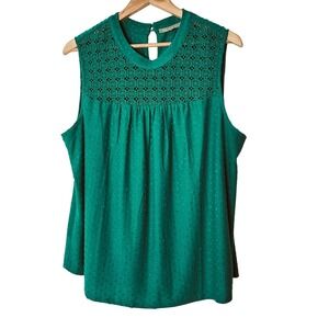Daniel Rainn Green Sleeveless Top XL Crochet Trim Swiss Dot Blouse